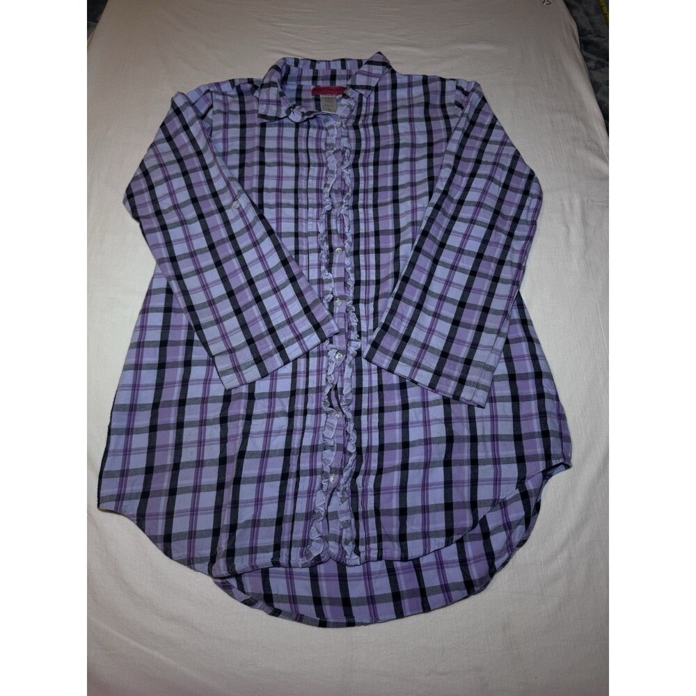 Betsey Johnson Intimates Size M Top Ruffle Front Purple Plaid Flannel